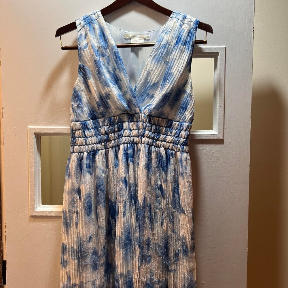 STUDIO M by Max Studio Pleated Chiffon Blue White Sleeveless Dress Size L Large
